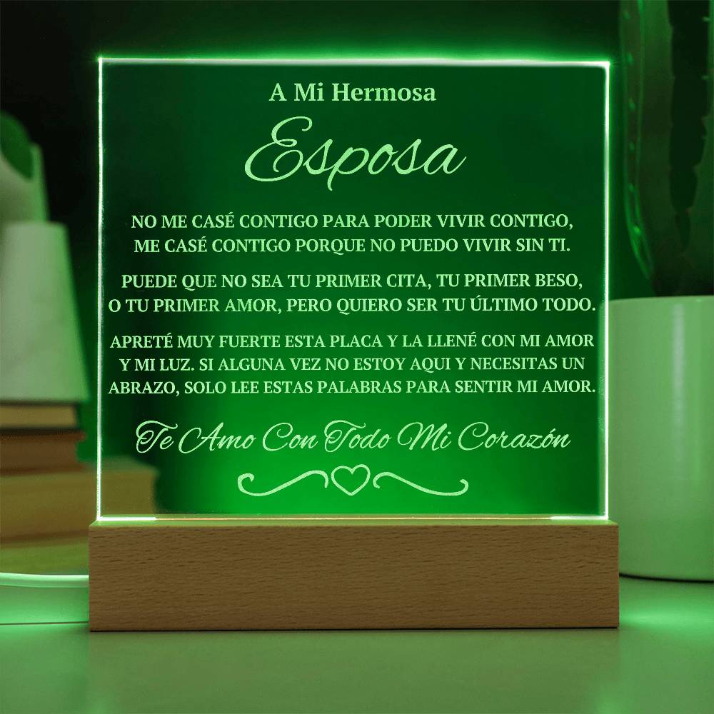 Regalo Para Esposa | A Mi Hermosa | Placa de Acrílico Grabada