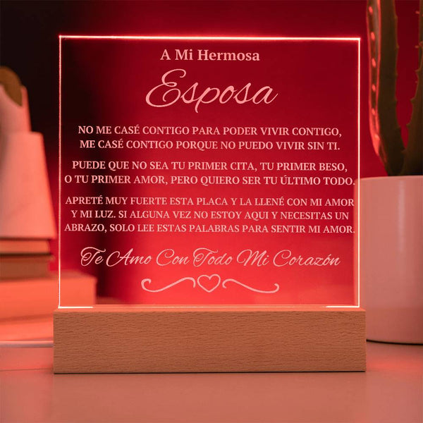 Regalo Para Esposa | A Mi Hermosa | Placa de Acrílico Grabada