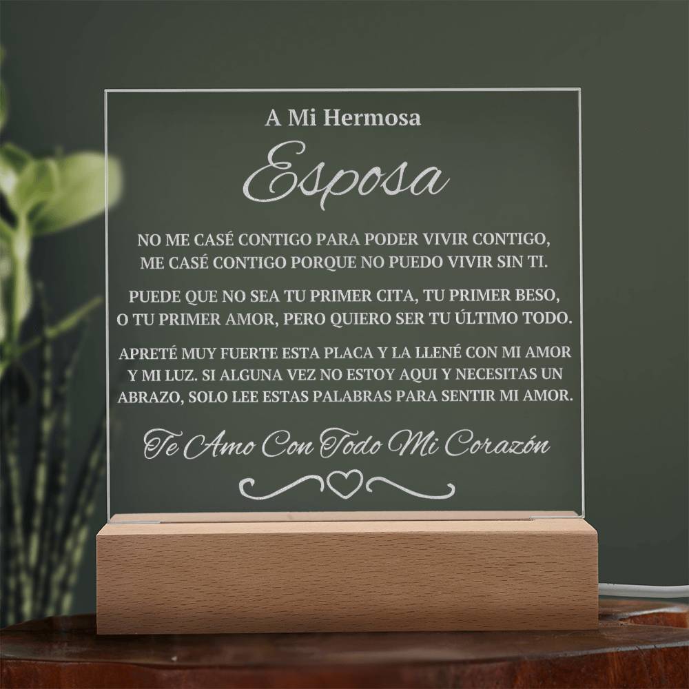Regalo Para Esposa | A Mi Hermosa | Placa de Acrílico Grabada