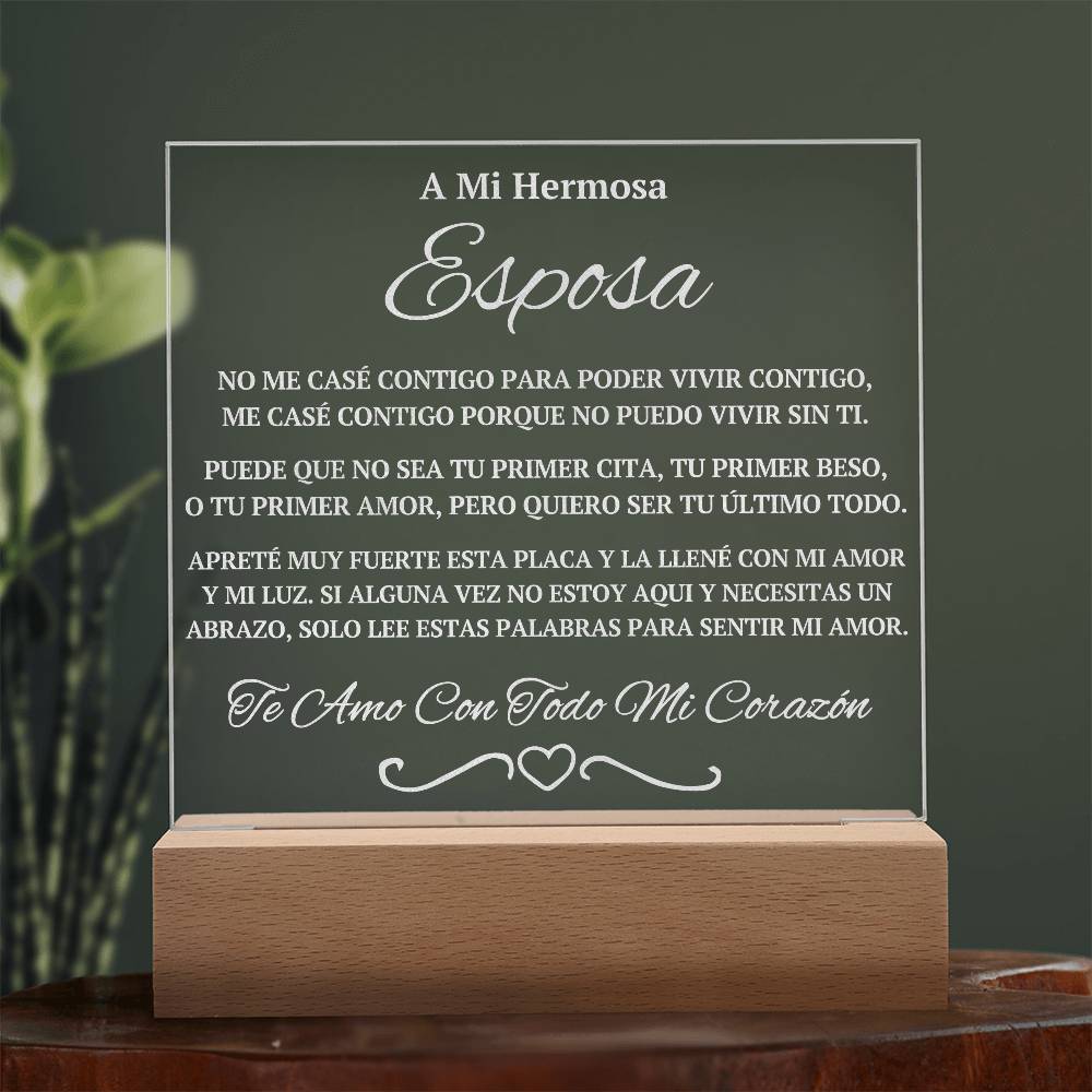 Regalo Para Esposa | A Mi Hermosa | Placa de Acrílico Grabada