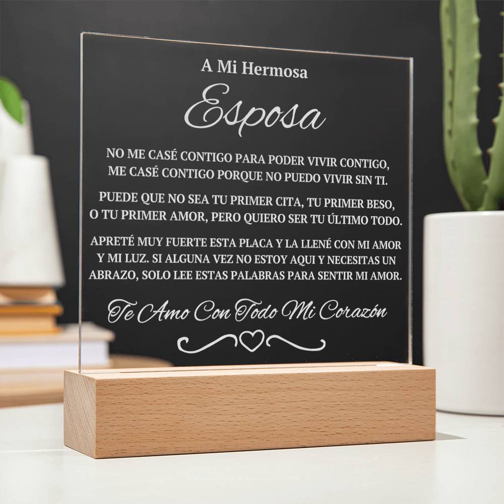 Regalo Para Esposa | A Mi Hermosa | Placa de Acrílico Grabada
