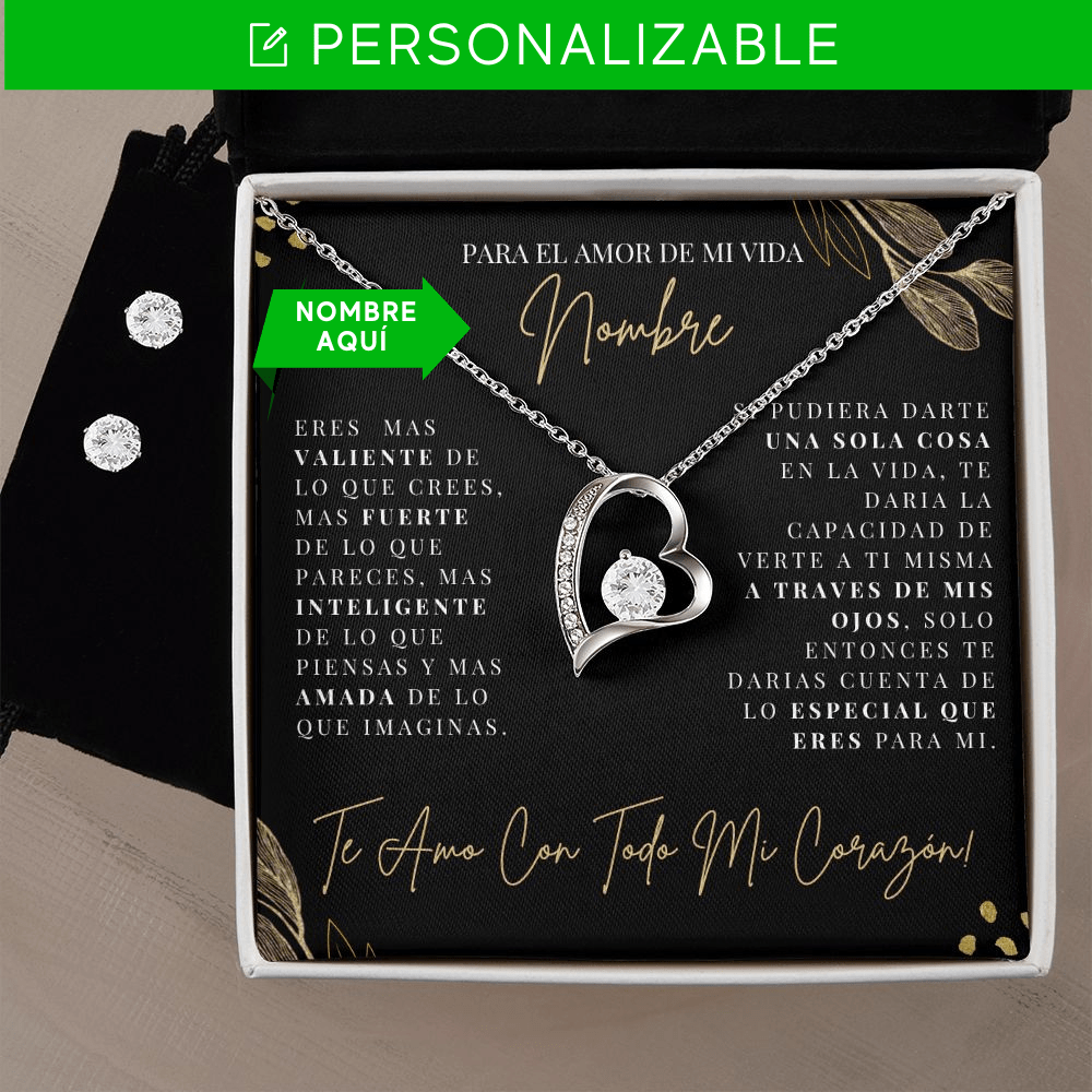 Regalo Para Novia/Esposa | una sola cosa | Collar Amor para siempre y Aretes de Zirconia Cúbica