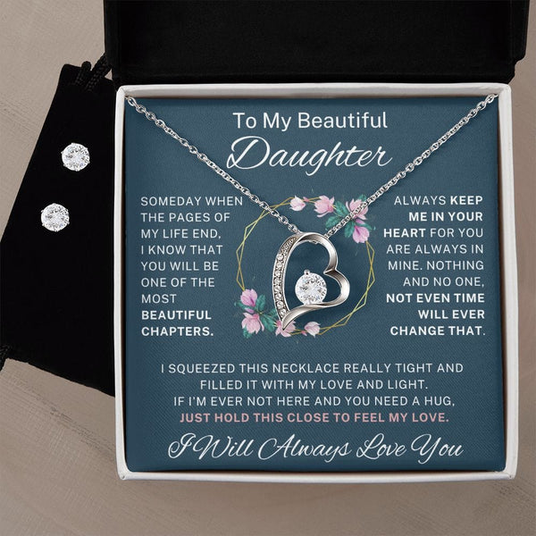 To My Beautiful Daughter - Forever Love Necklace + Cubic Zirconia Earring Set - 124FL
