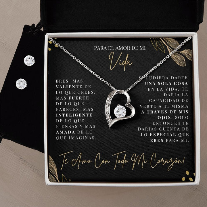 Regalo Para Novia/Esposa | Mi Vida | Collar Amor para siempre y Aretes de Zirconia Cúbica