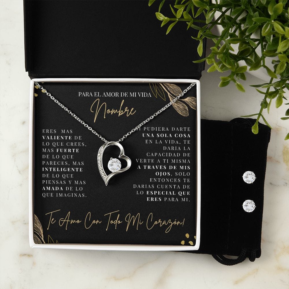 Regalo Para Novia/Esposa | una sola cosa | Collar Amor para siempre y Aretes de Zirconia Cúbica