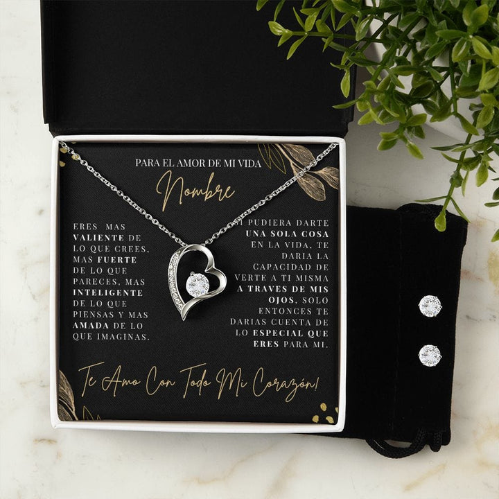 Regalo Para Novia/Esposa | una sola cosa | Collar Amor para siempre y Aretes de Zirconia Cúbica