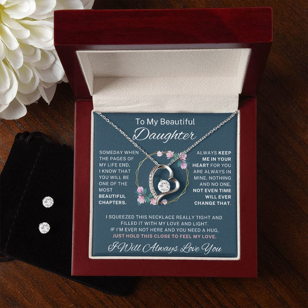 To My Beautiful Daughter - Forever Love Necklace + Cubic Zirconia Earring Set - 124FL