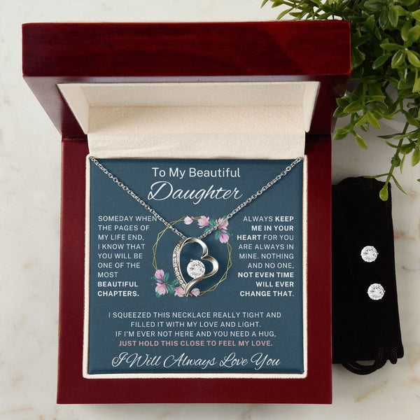 To My Beautiful Daughter - Forever Love Necklace + Cubic Zirconia Earring Set - 124FL